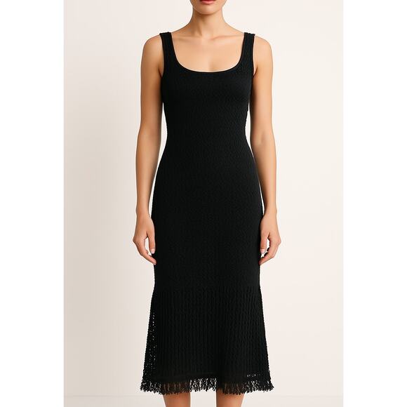 House of Harlow Knit Crochet Fringe Hem Midi Dress Black Small - Picture 1 of 8